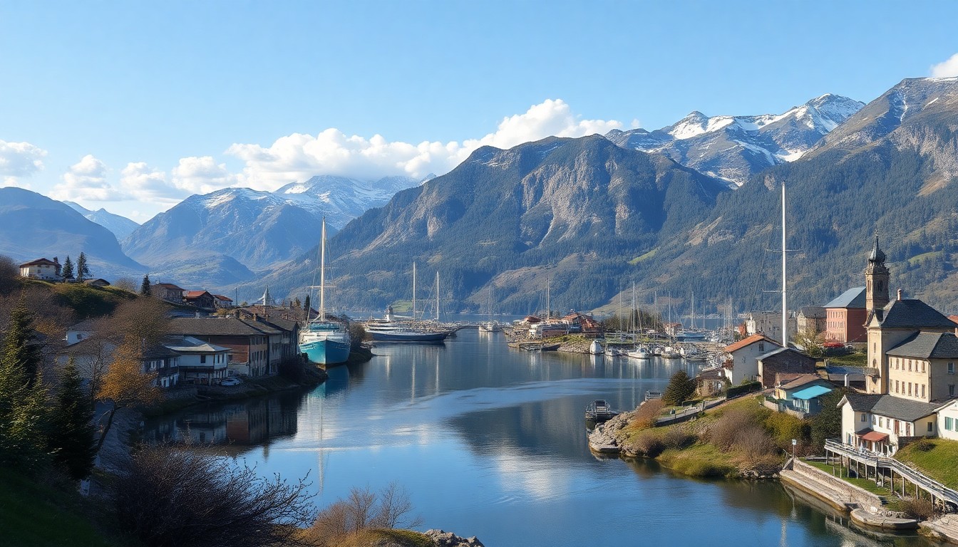 Norveç'in Tromsø şehrinde, karlı dağlar ve fiyortlar üzerinde gökyüzünde dans eden yeşil renkli kuzey ışıkları